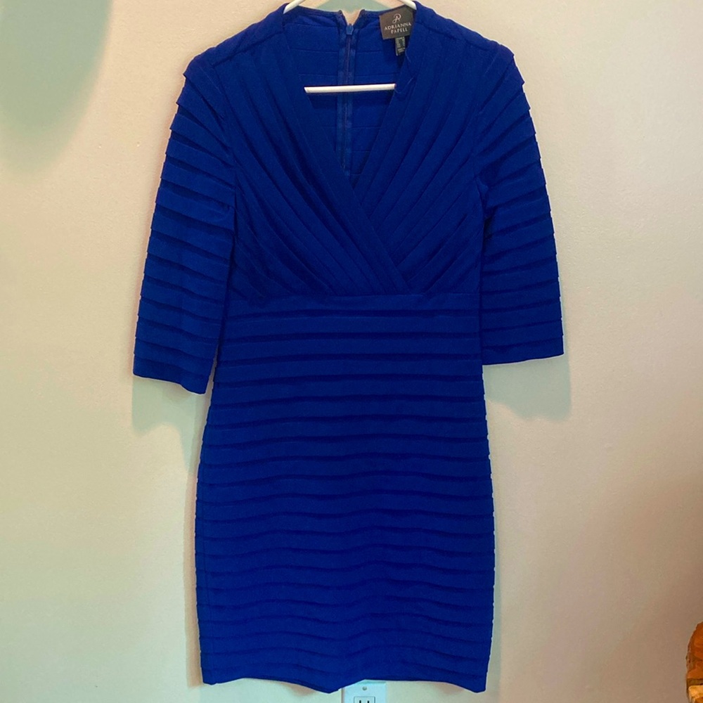 Royal blue quarter sleeve Adriana Papell dress.